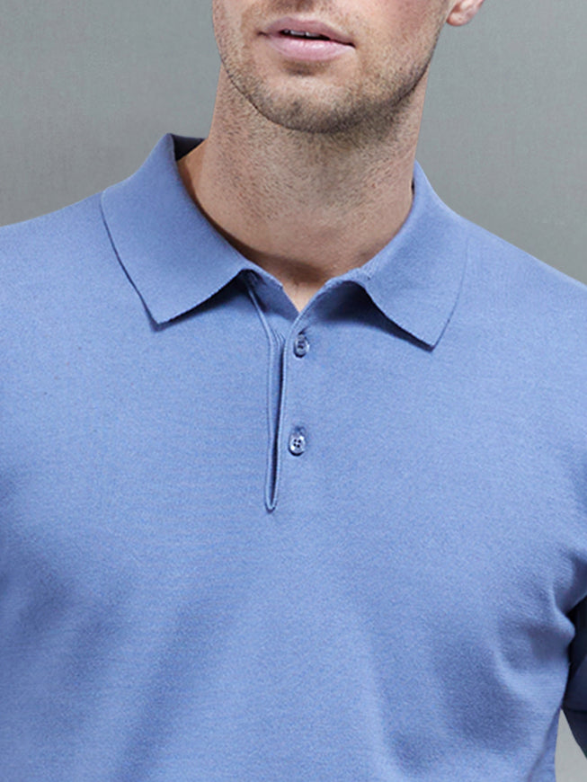 Cotton Knitted Button Polo Shirt in Silk Blue