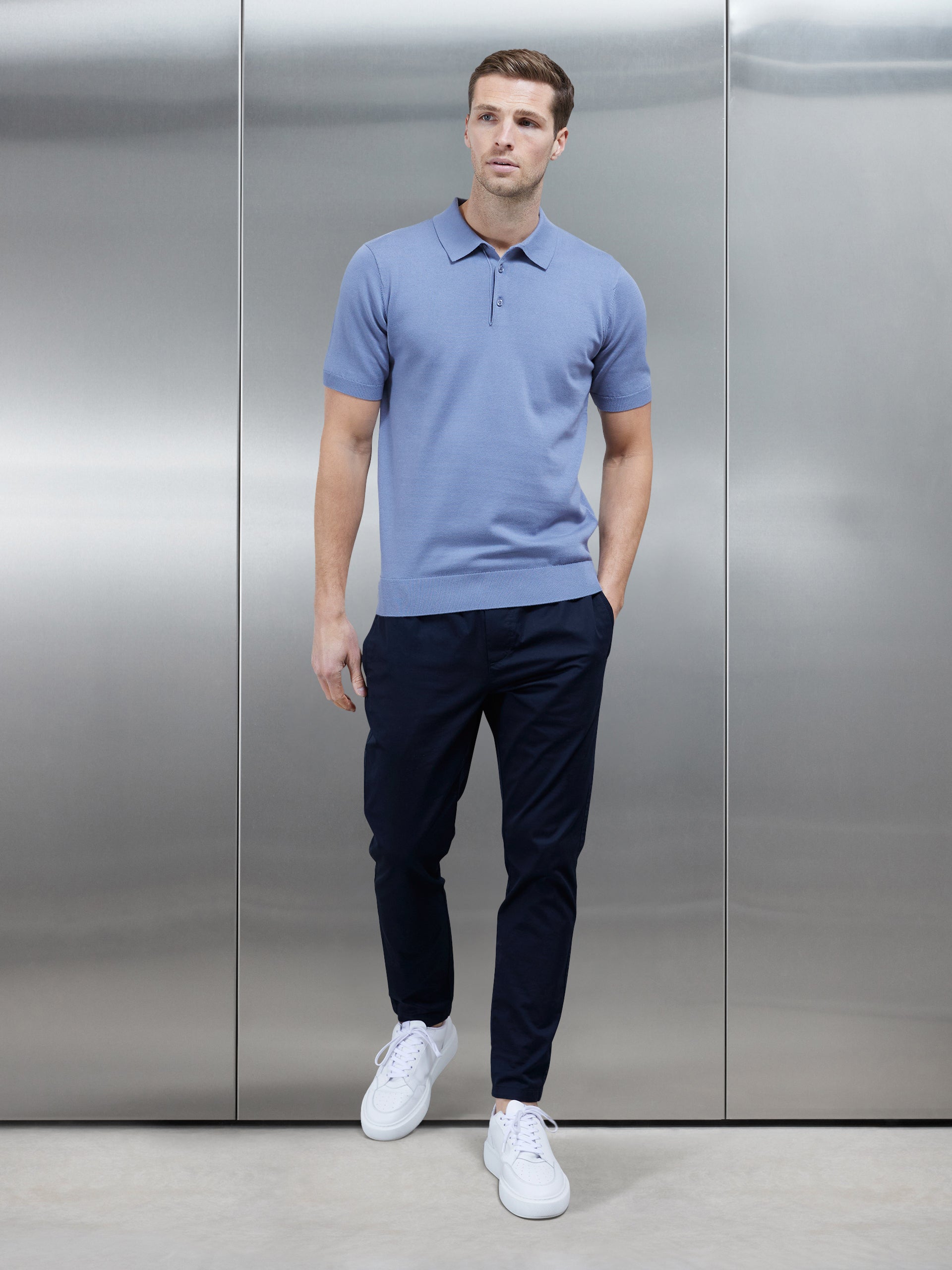 Cotton Knitted Button Polo Shirt in Silk Blue