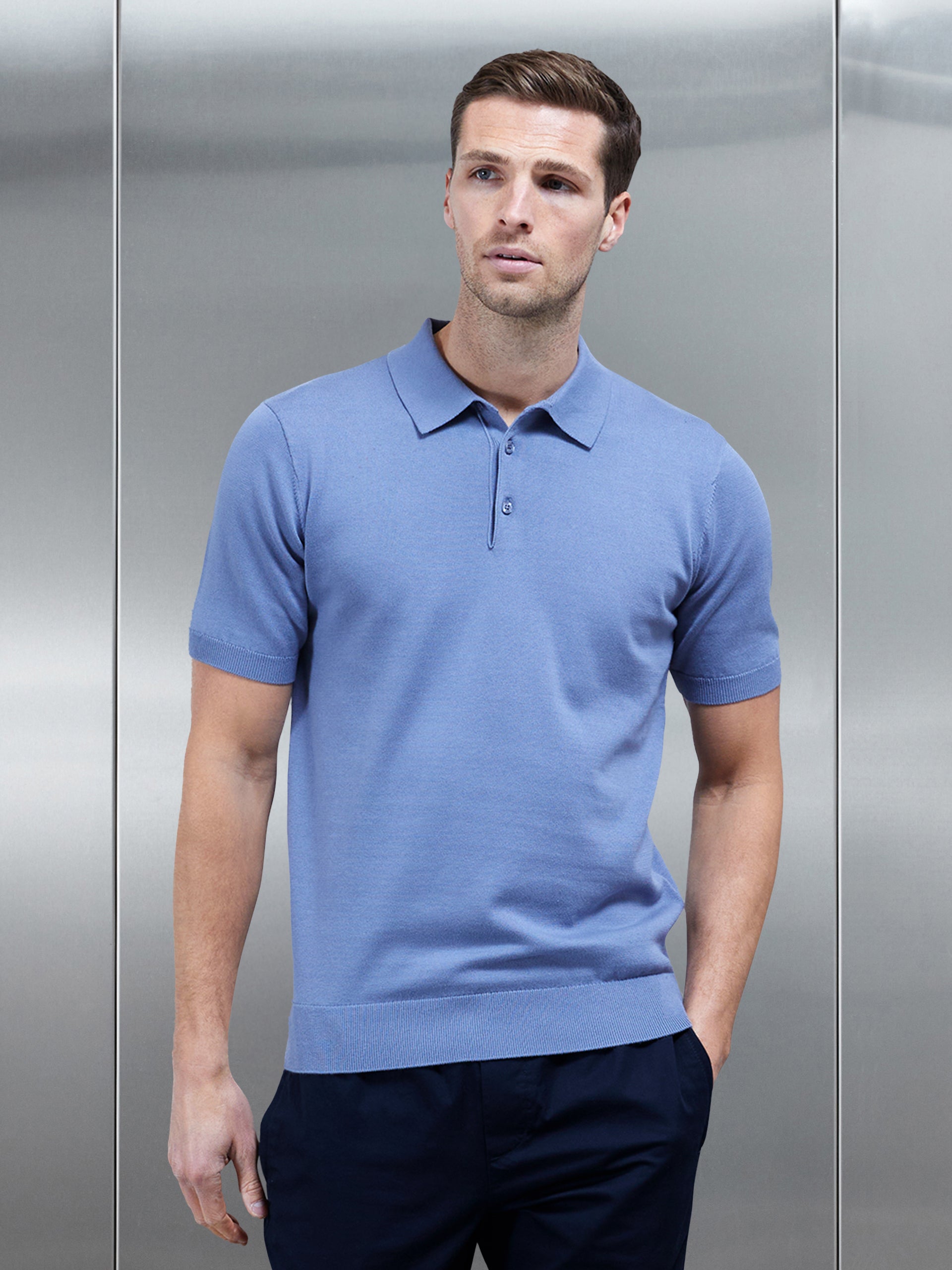 Cotton Knitted Button Polo Shirt in Silk Blue