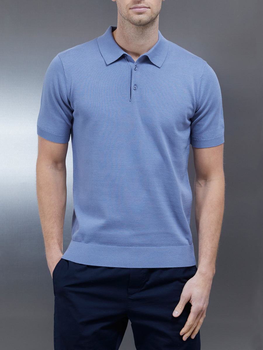 Cotton Knitted Button Polo Shirt in Silk Blue