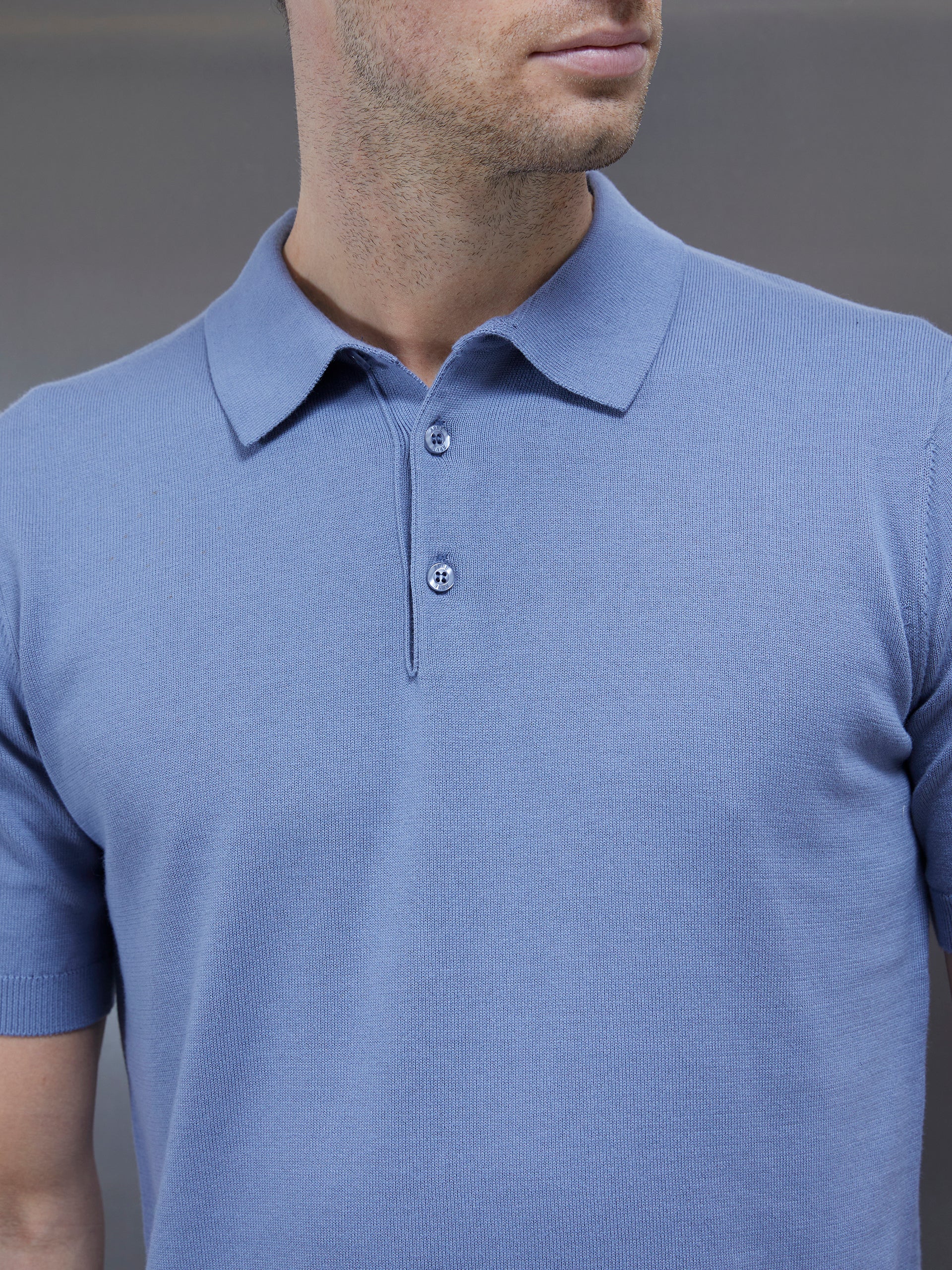 Cotton Knitted Button Polo Shirt in Silk Blue