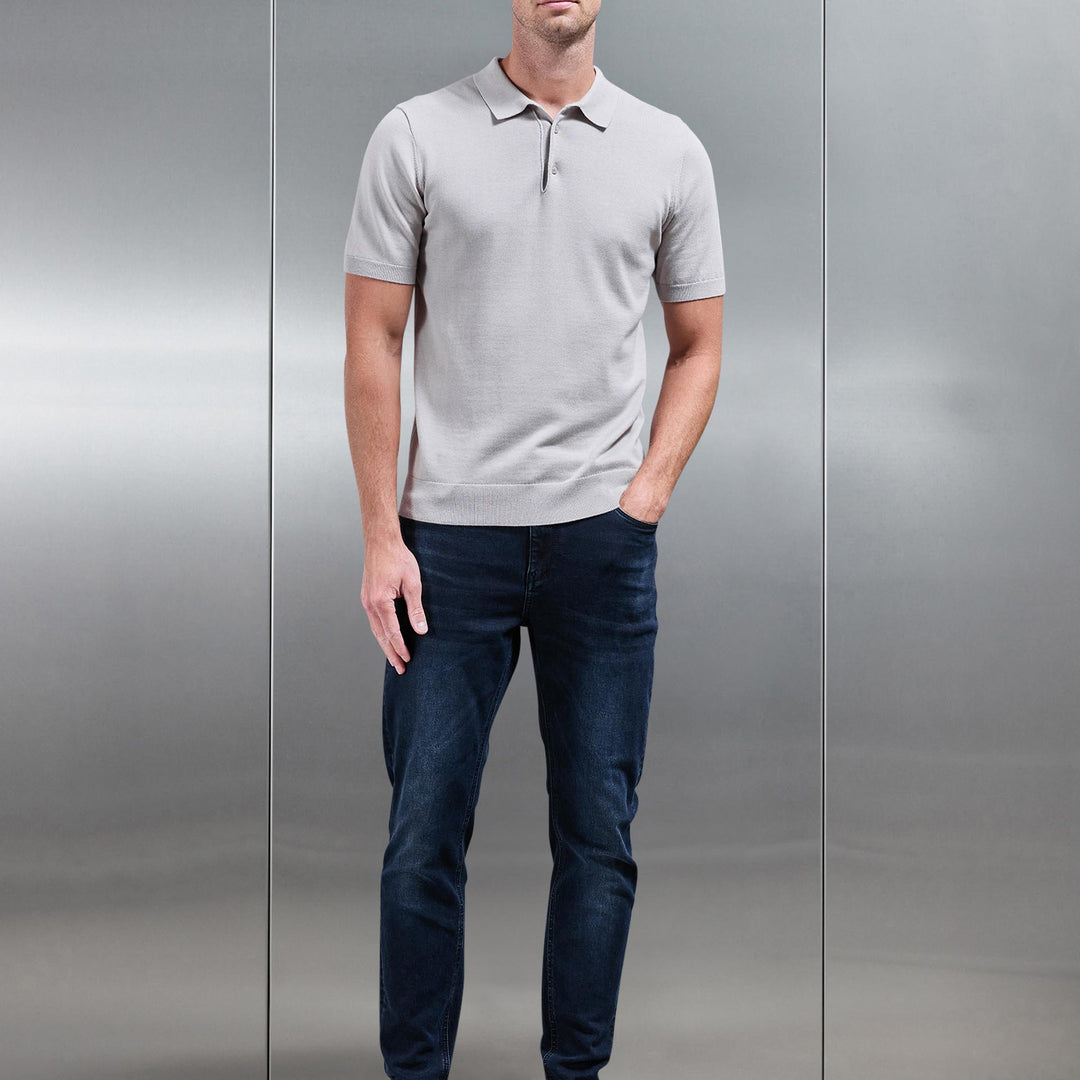 Cotton Knitted Button Polo Shirt in Stone