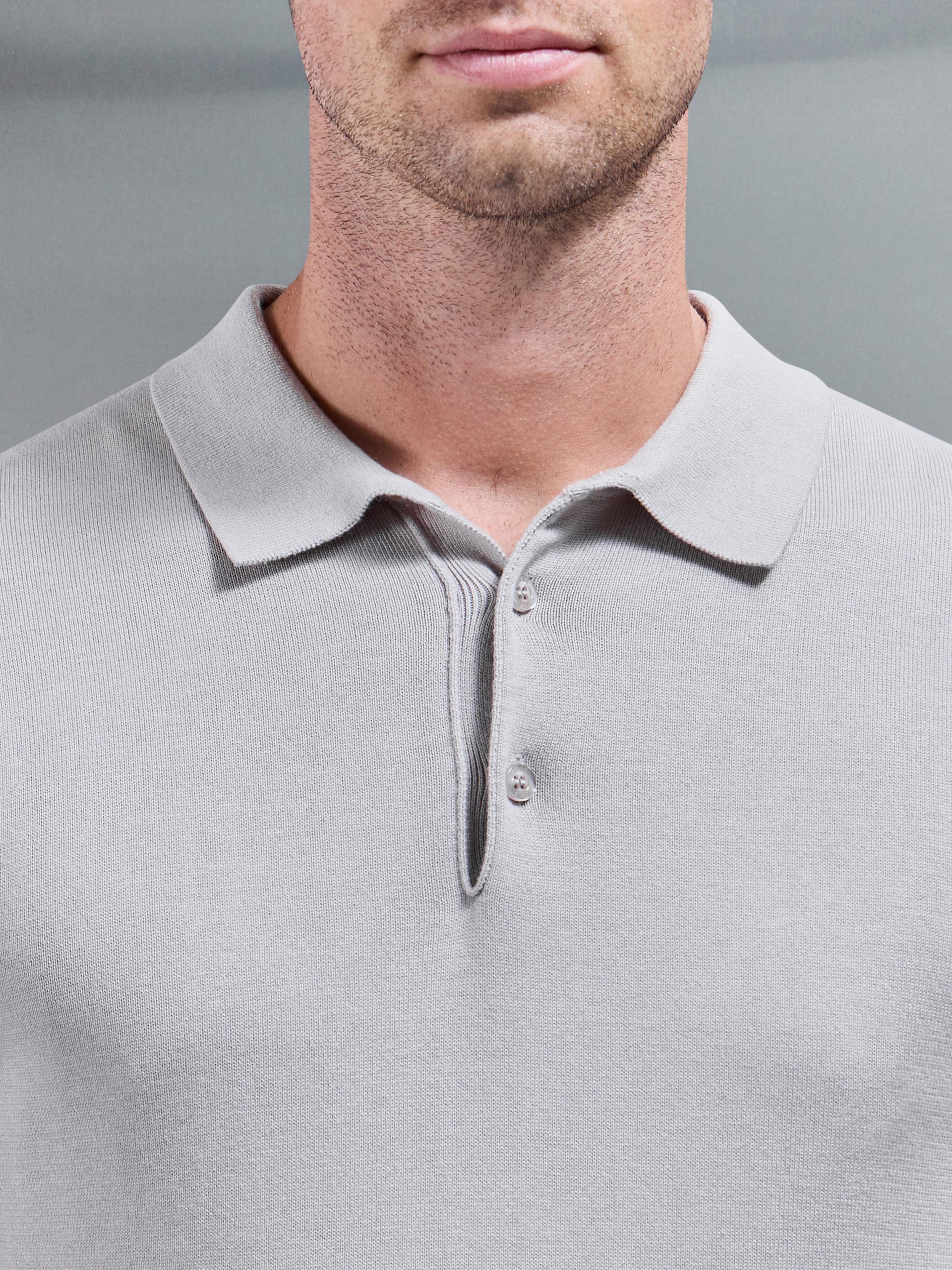 Cotton Knitted Button Polo Shirt in Stone