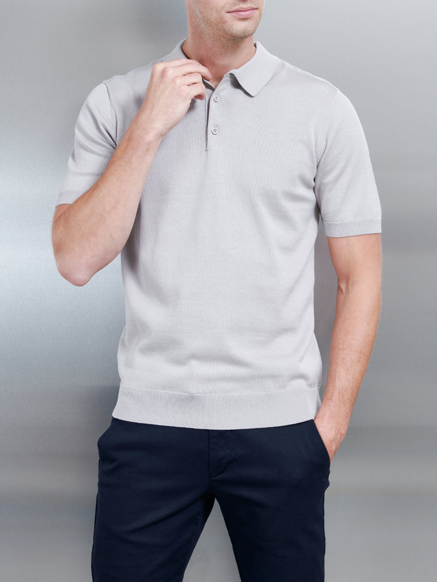 Cotton Knitted Button Polo Shirt in Stone