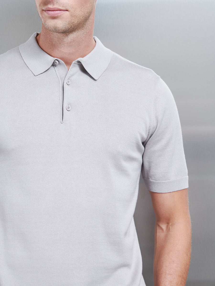Cotton Knitted Button Polo Shirt in Stone