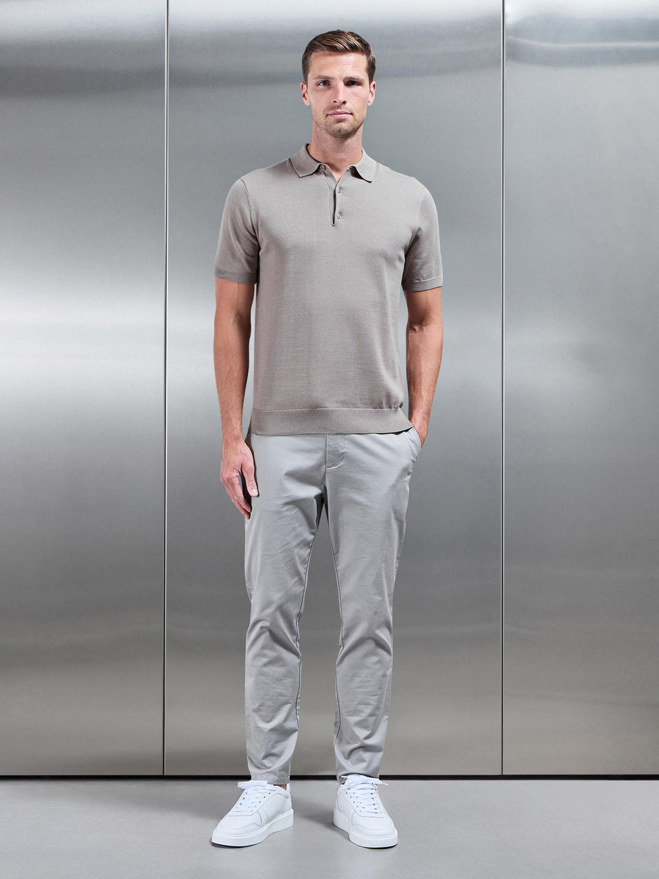 Cotton Knitted Button Polo Shirt in Taupe