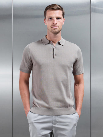 Cotton Knitted Button Polo Shirt in Taupe