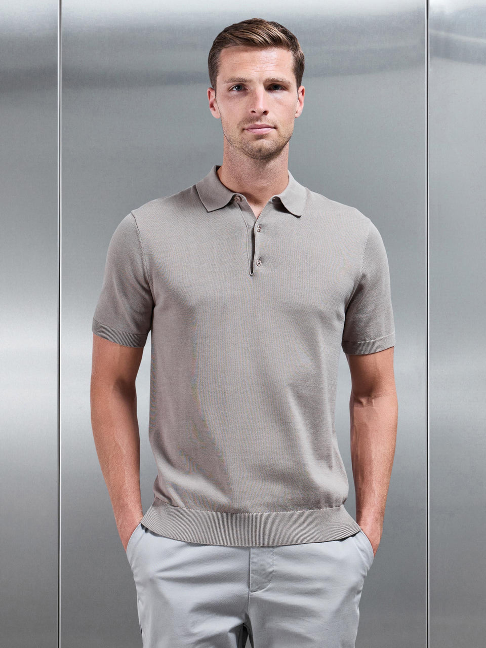 Cotton Knitted Button Polo Shirt in Taupe