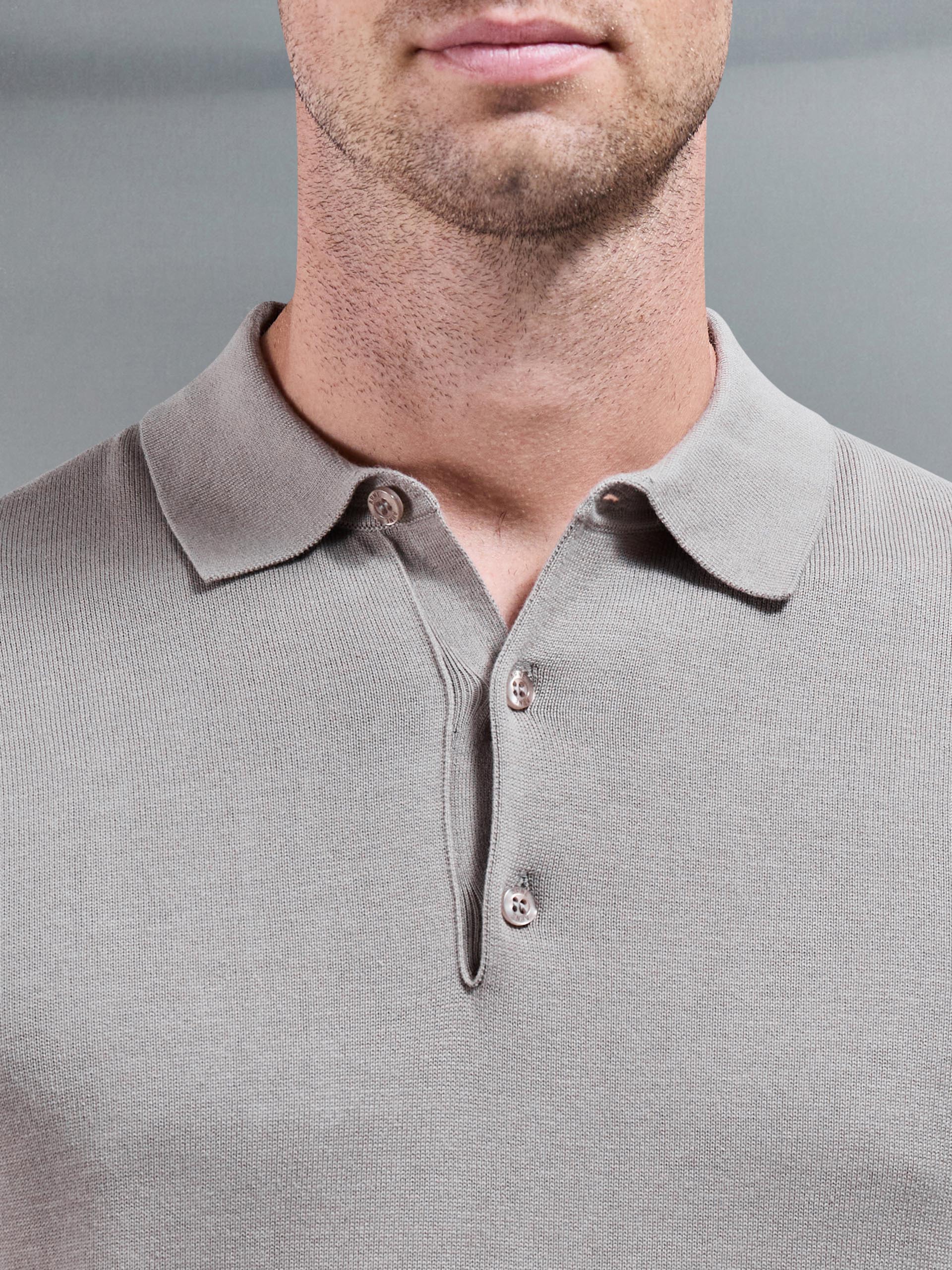 Cotton Knitted Button Polo Shirt in Taupe