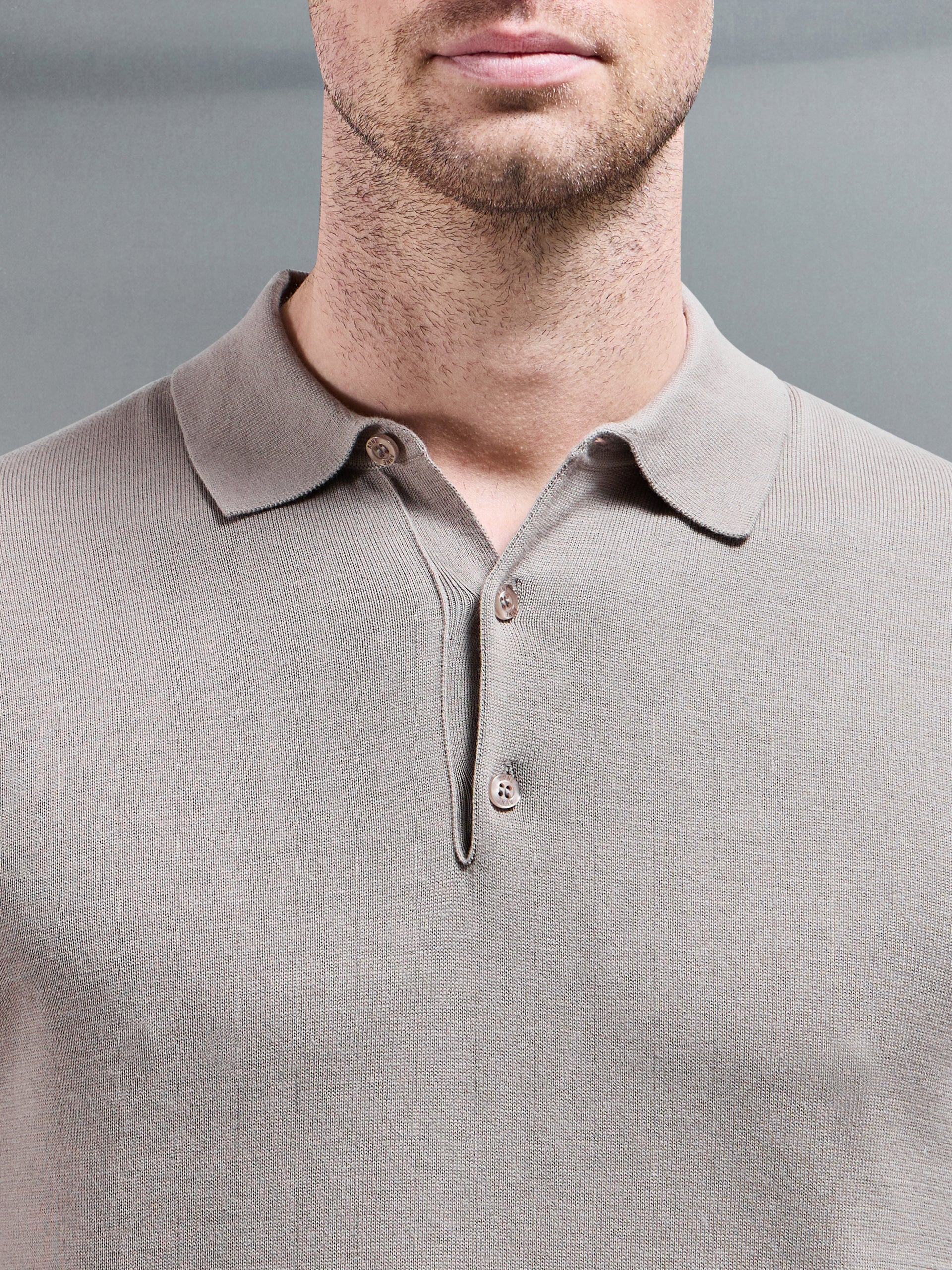 Cotton Knitted Button Polo Shirt in Taupe