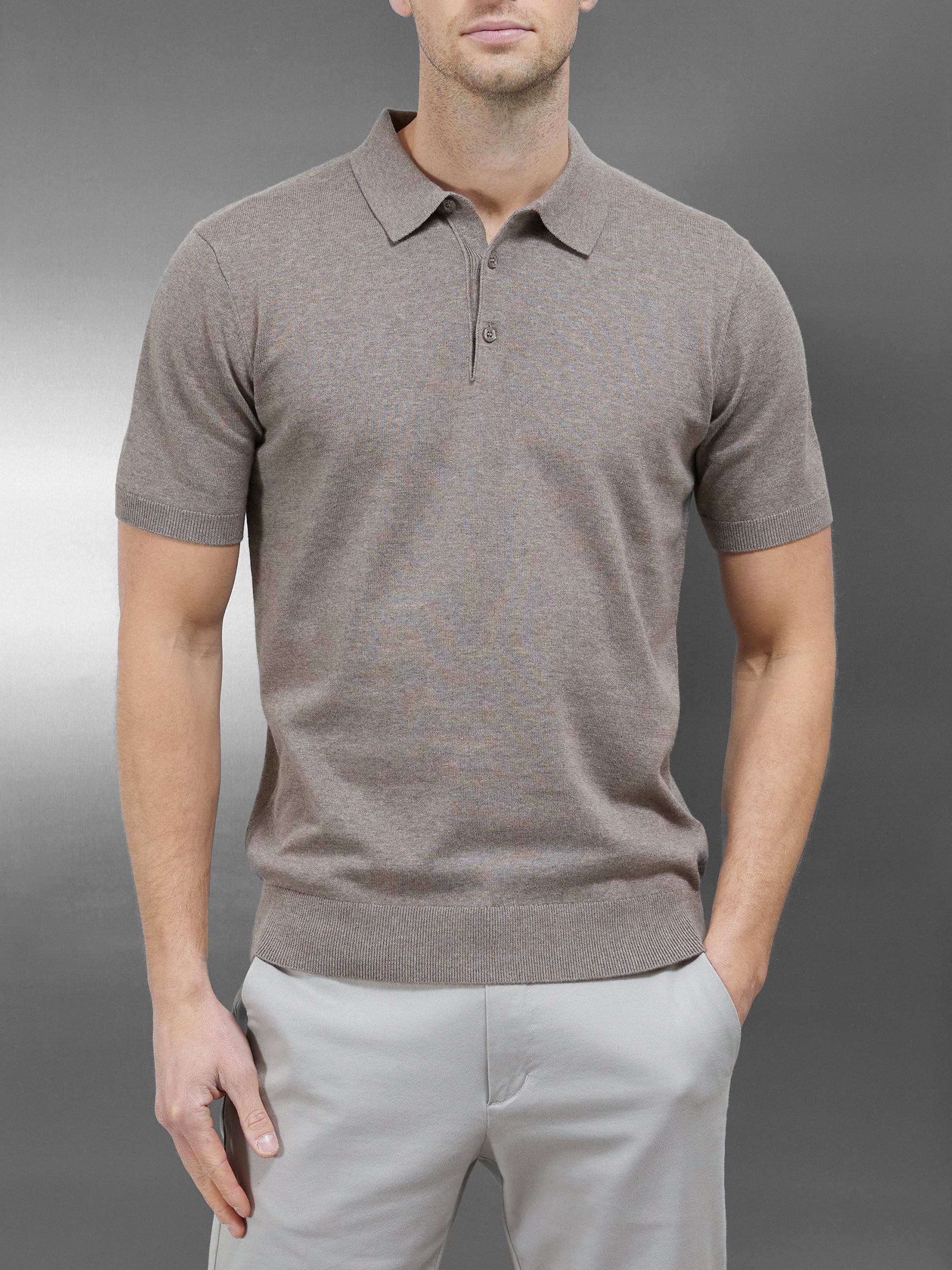 Cotton Knitted Button Polo Shirt in Taupe