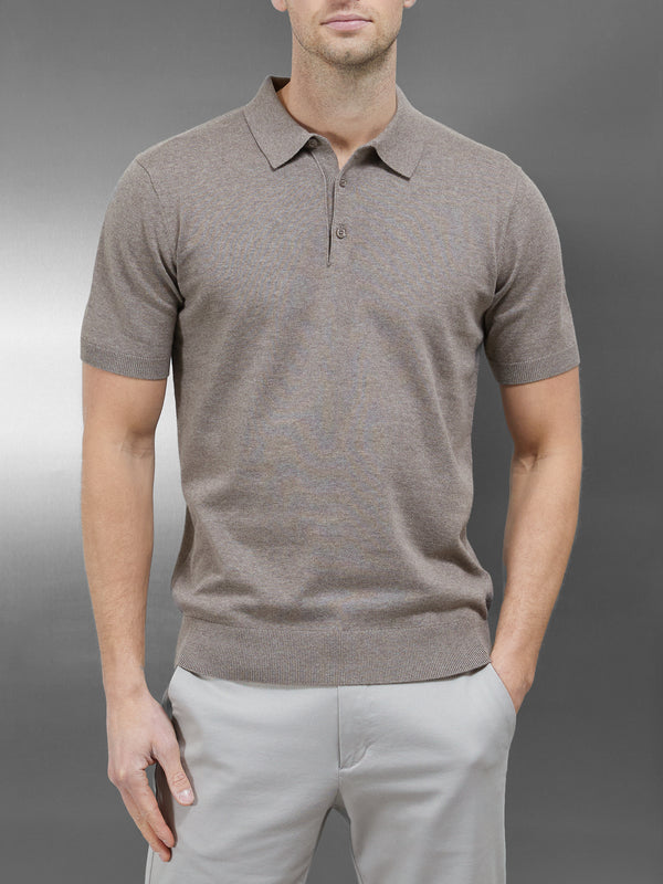 Cotton Knitted Button Polo Shirt in Taupe