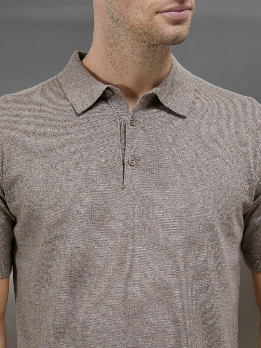 Cotton Knitted Button Polo Shirt in Taupe
