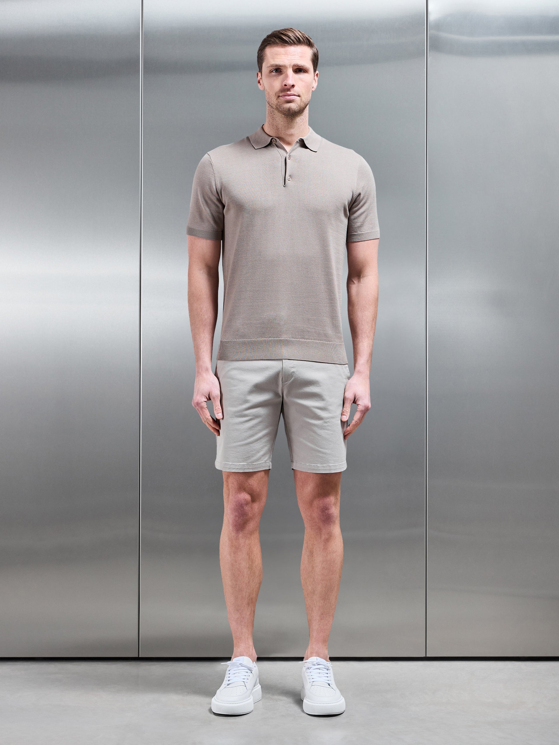 Cotton Knitted Button Polo Shirt in Taupe