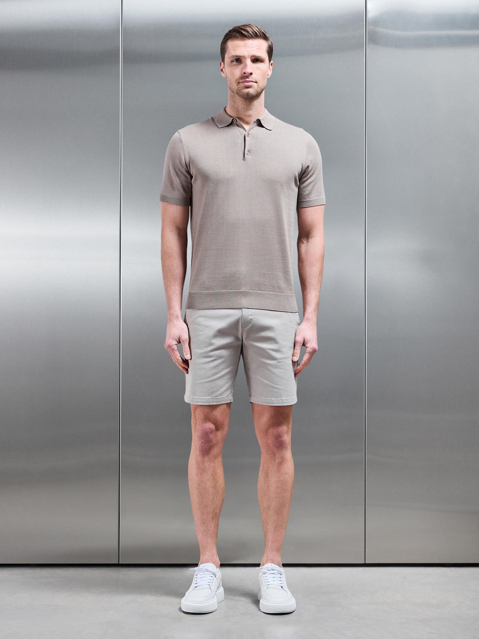 Cotton Knitted Button Polo Shirt in Taupe