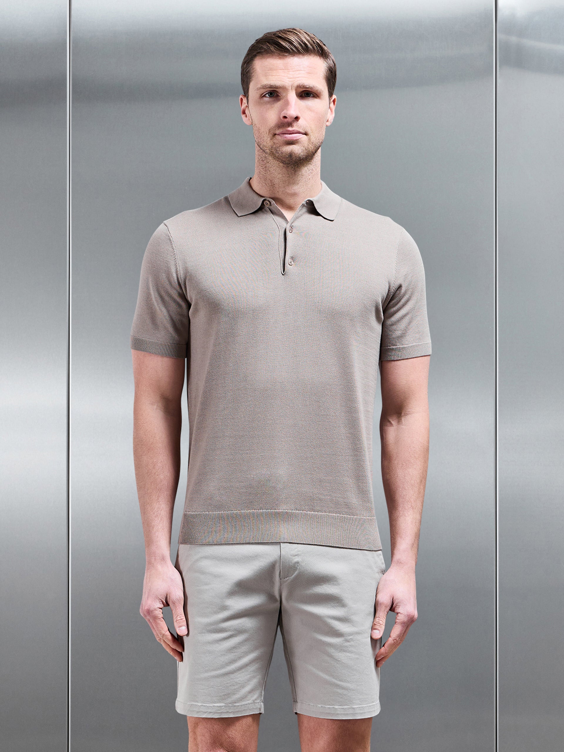 Cotton Knitted Button Polo Shirt in Taupe