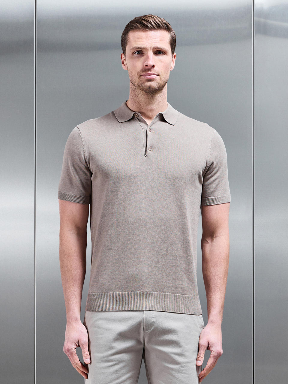 Cotton Knitted Button Polo Shirt in Taupe