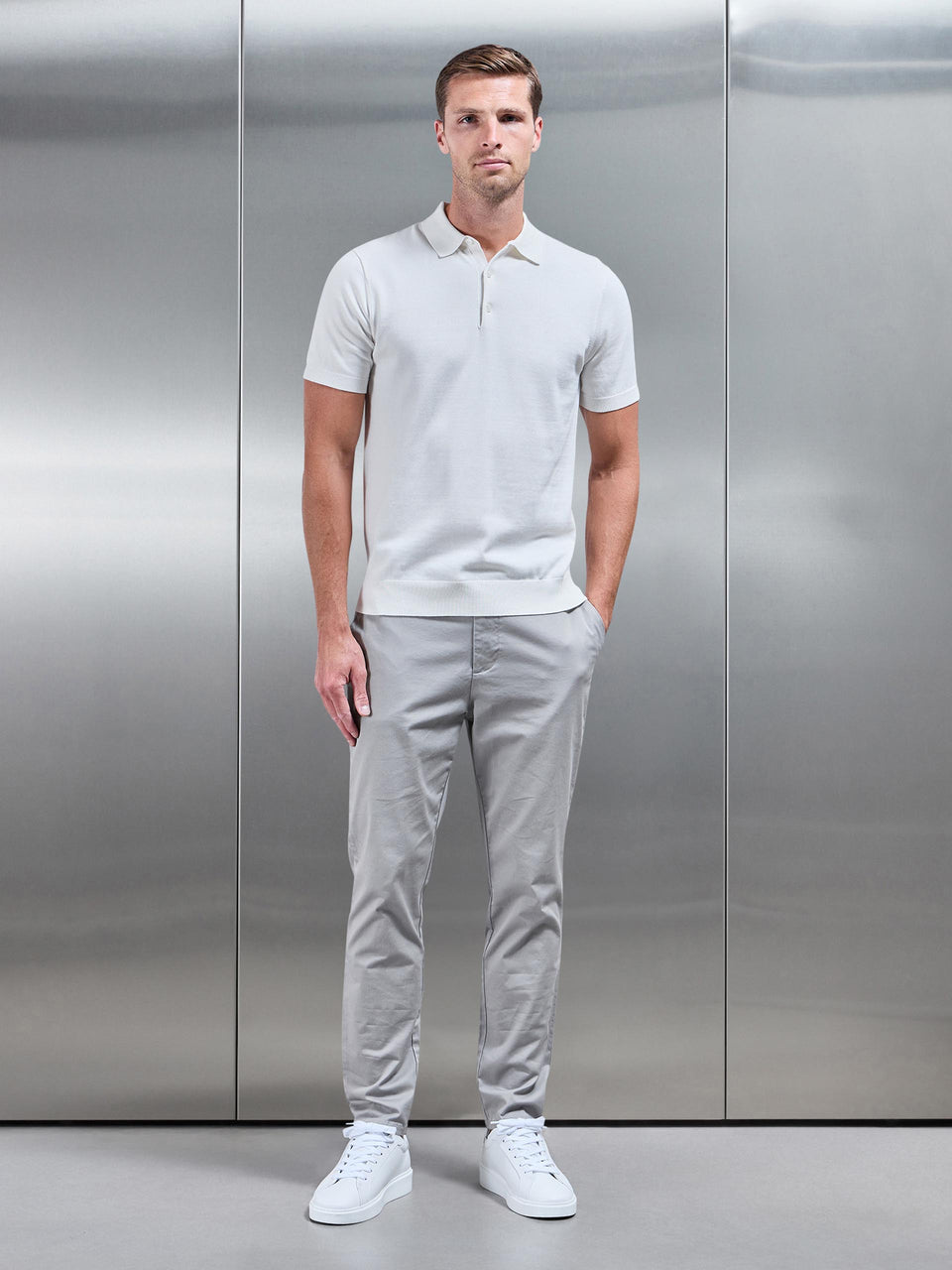 Cotton Knitted Button Polo Shirt in White