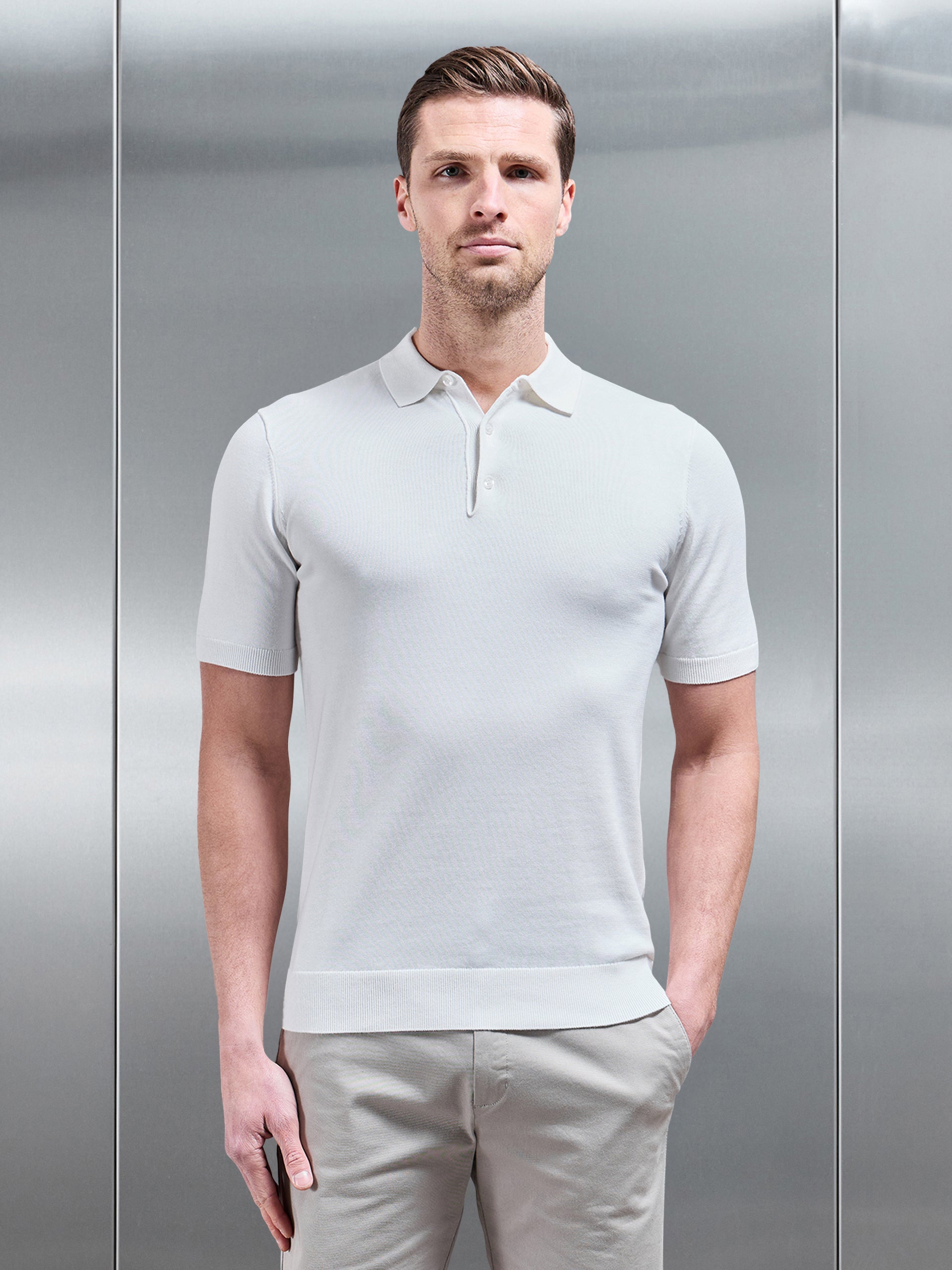 Cotton Knitted Button Polo Shirt in White