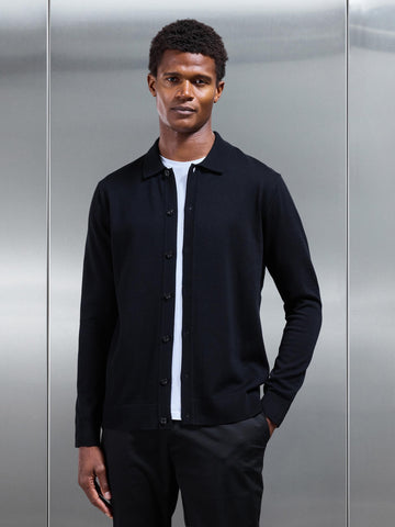 Cotton Knitted Button Through Shirt in Black