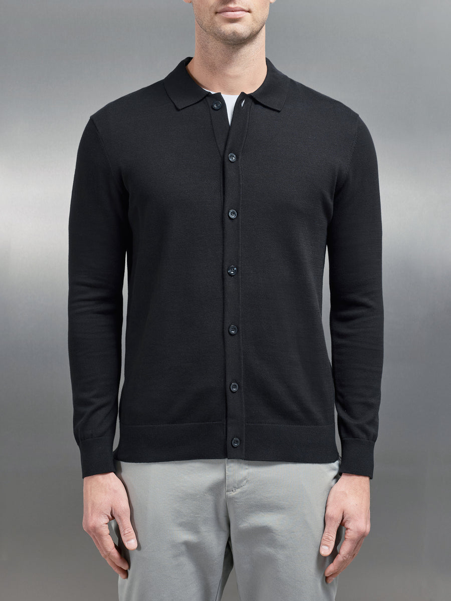 Cotton Knitted Button Through Shirt in Black