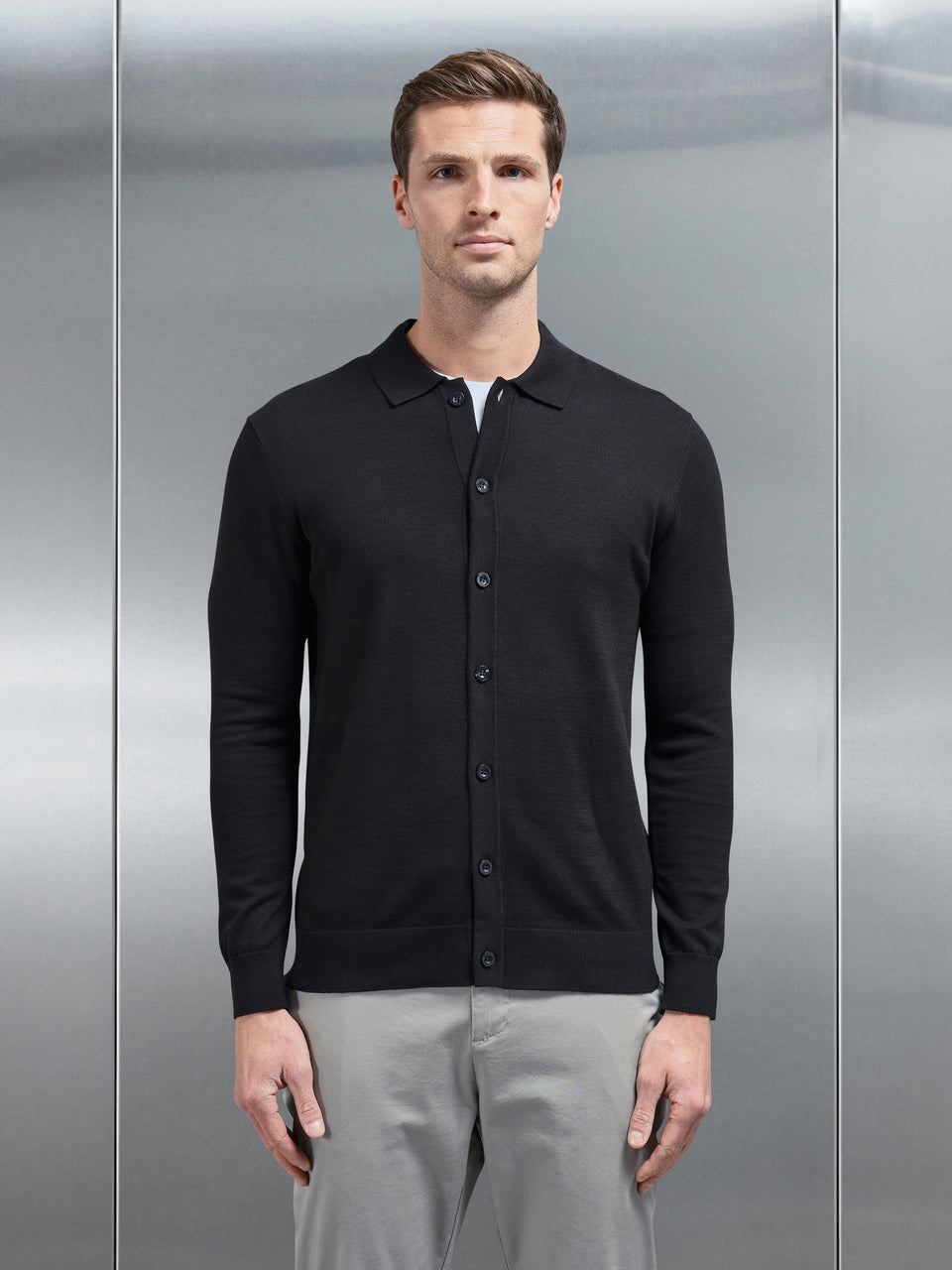 Cotton Knitted Button Through Shirt in Black