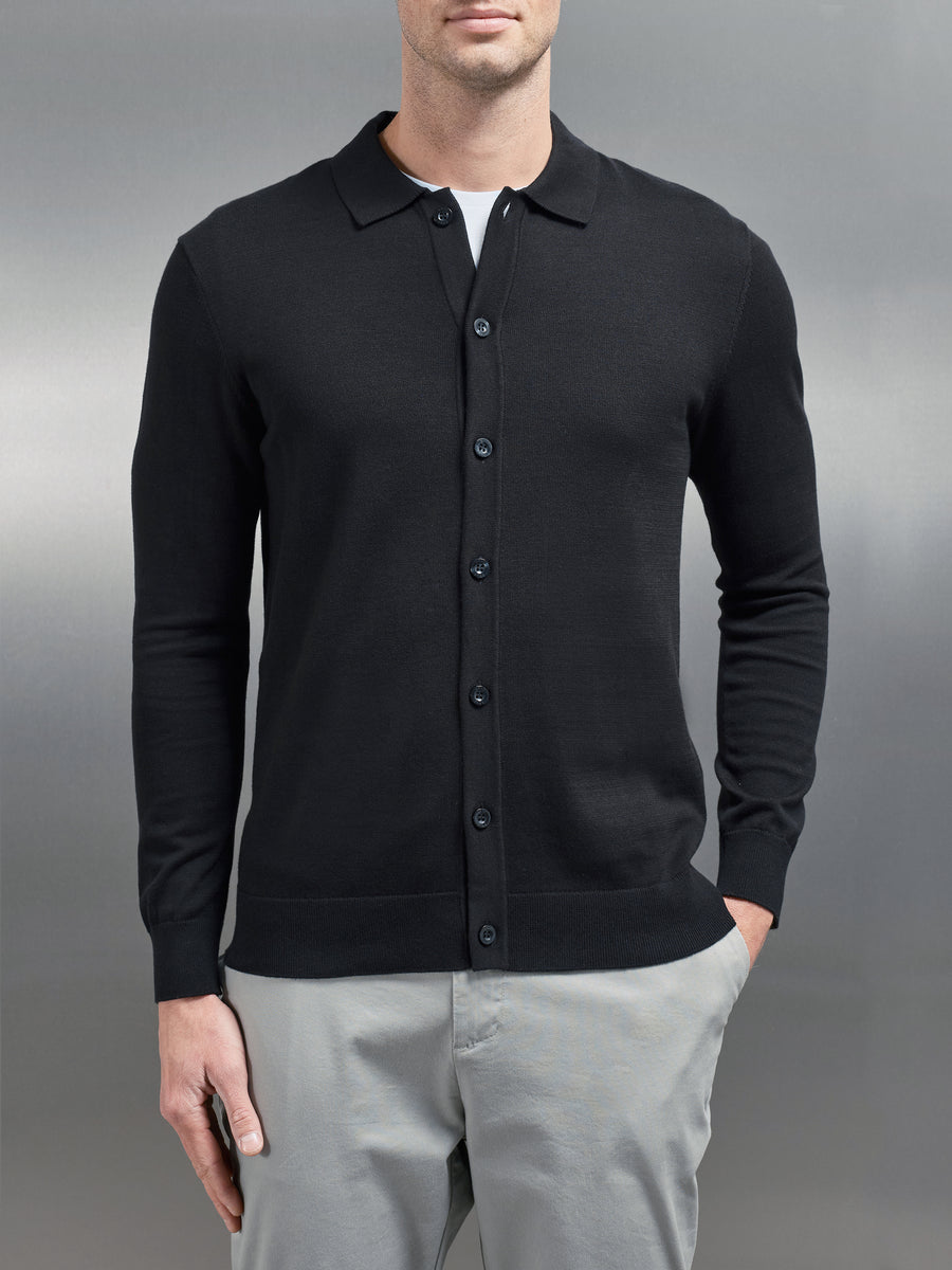 Cotton Knitted Button Through Shirt in Black