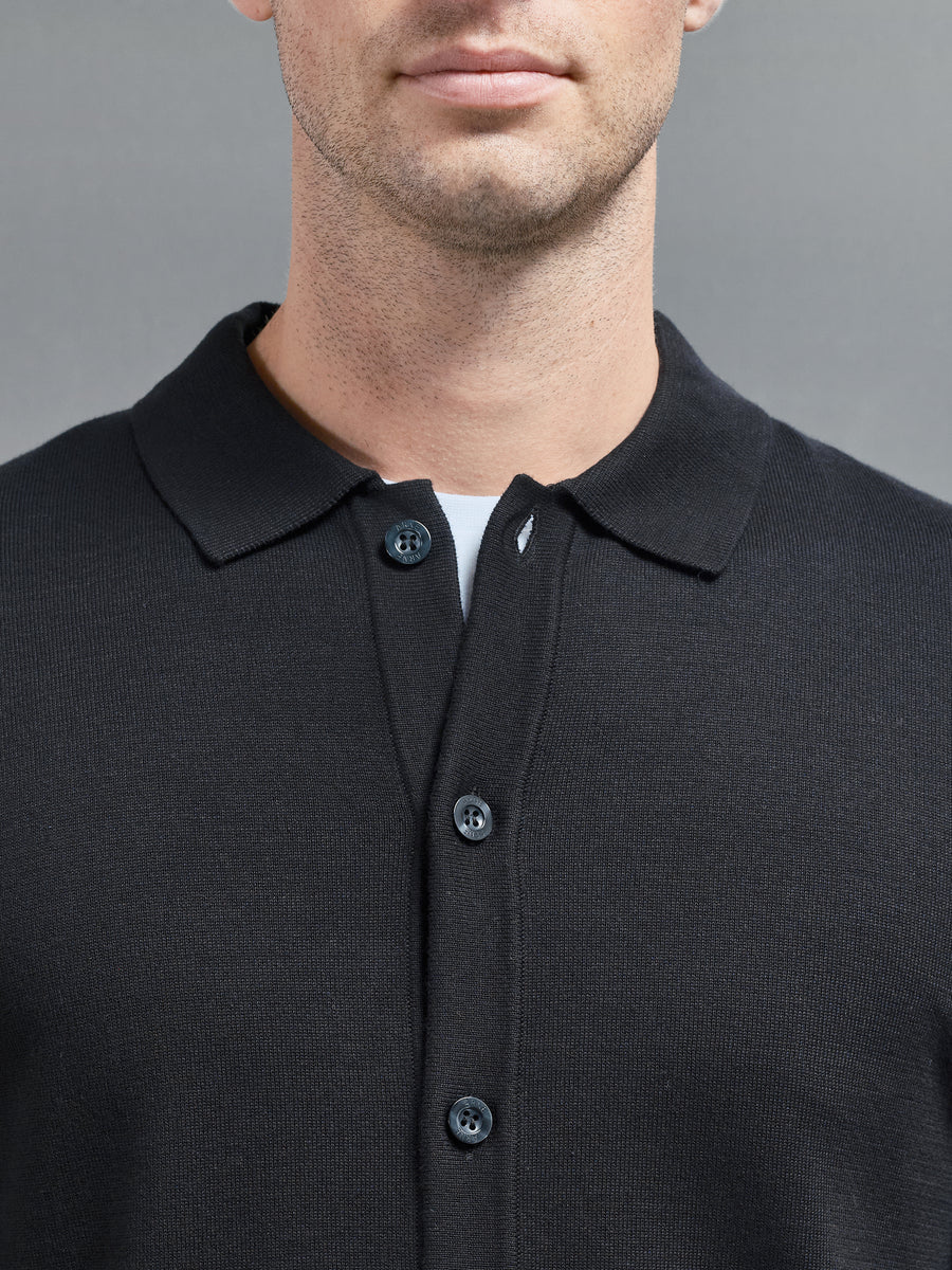 Cotton Knitted Button Through Shirt in Black