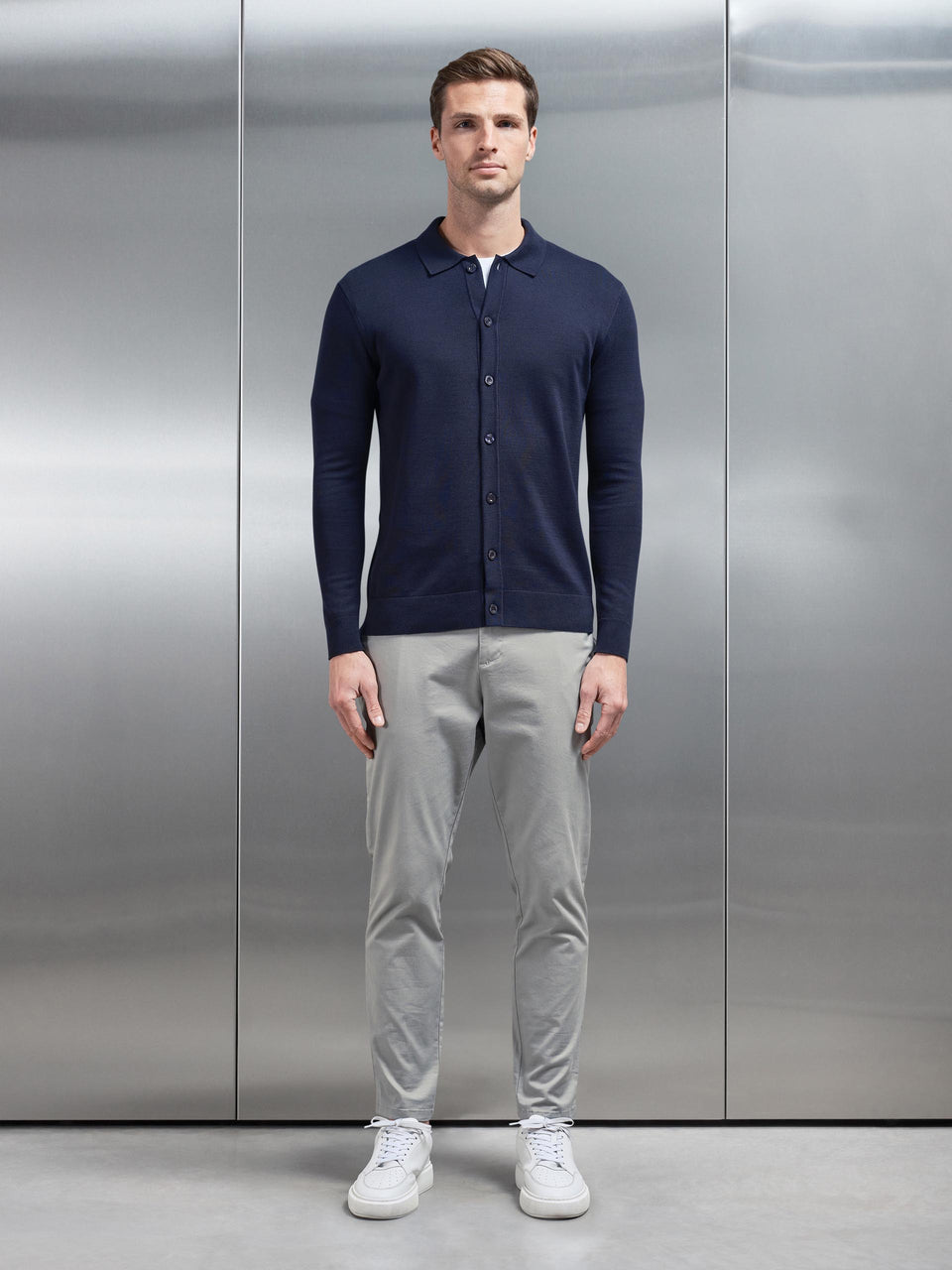 Cotton Knitted Button Through Shirt in Navy