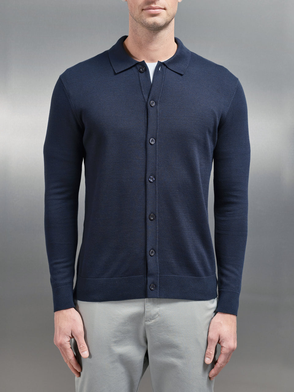 Cotton Knitted Button Through Shirt in Navy