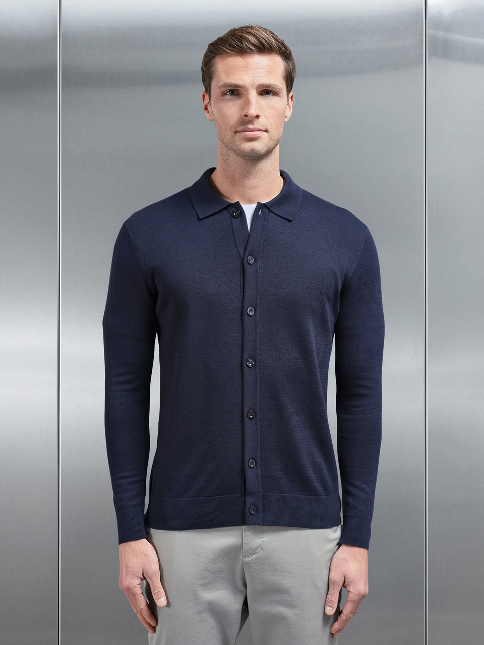 Cotton Knitted Button Through Shirt in Navy