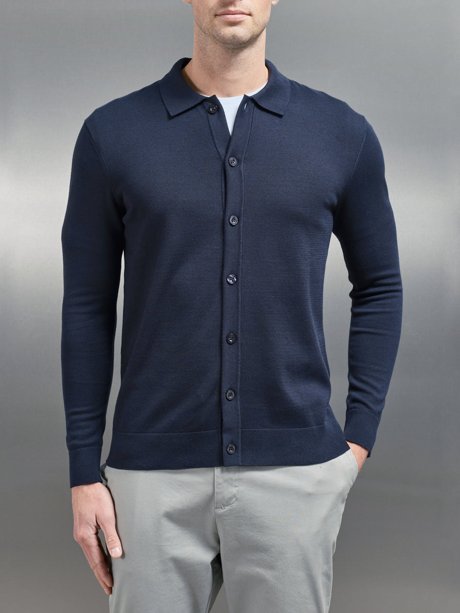 Cotton Knitted Button Through Shirt in Navy