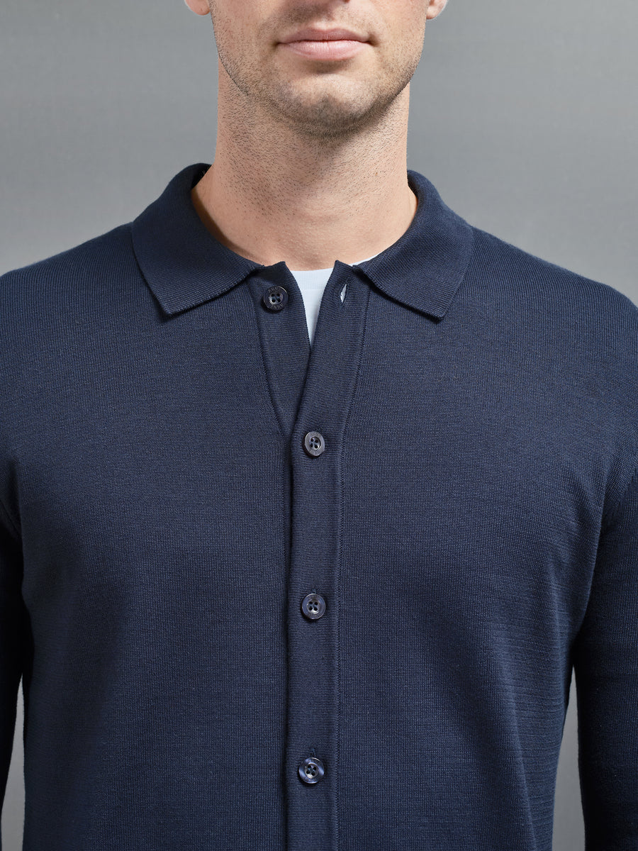 Cotton Knitted Button Through Shirt in Navy