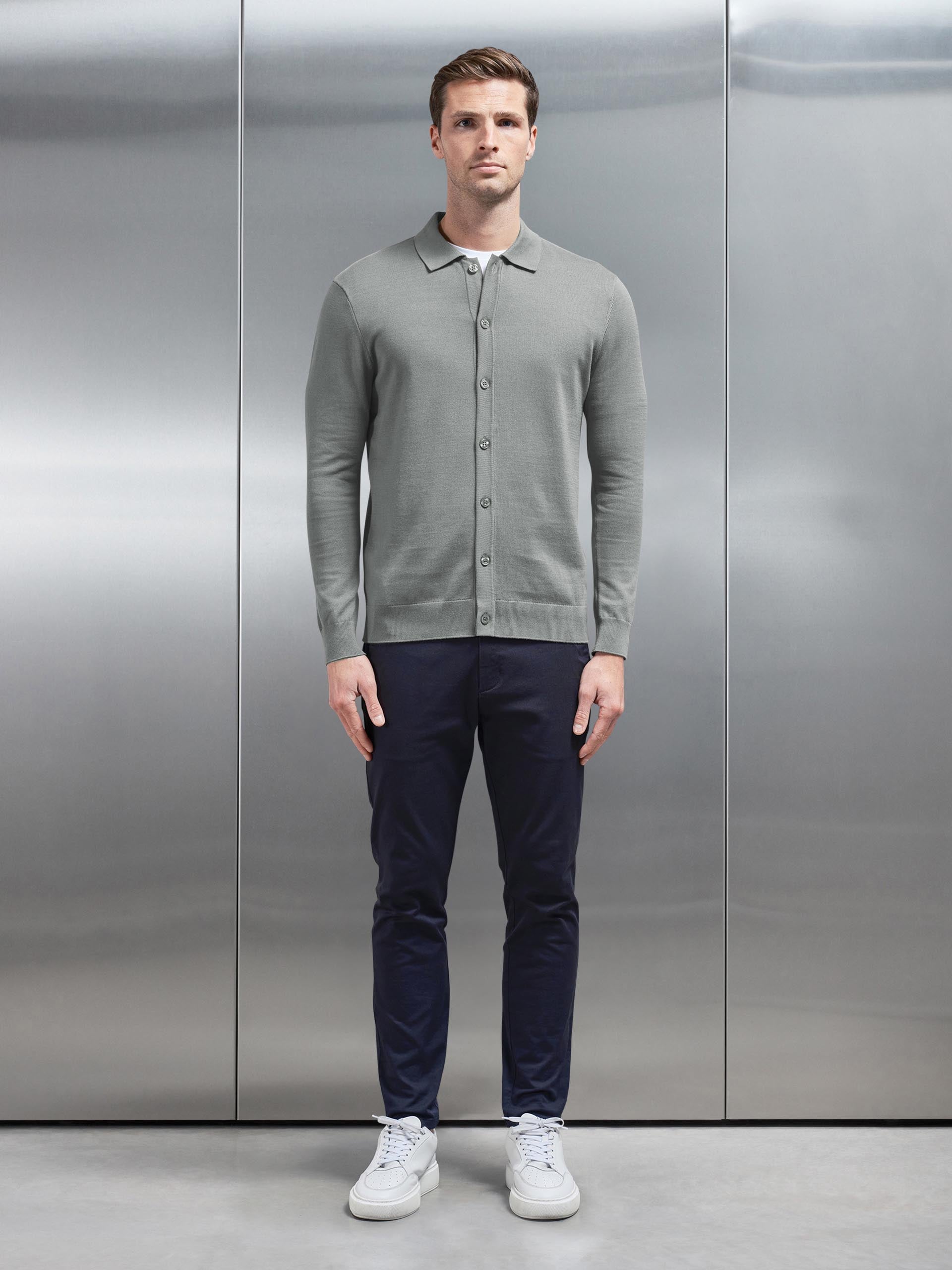 Cotton Knitted Button Through Shirt in Sage