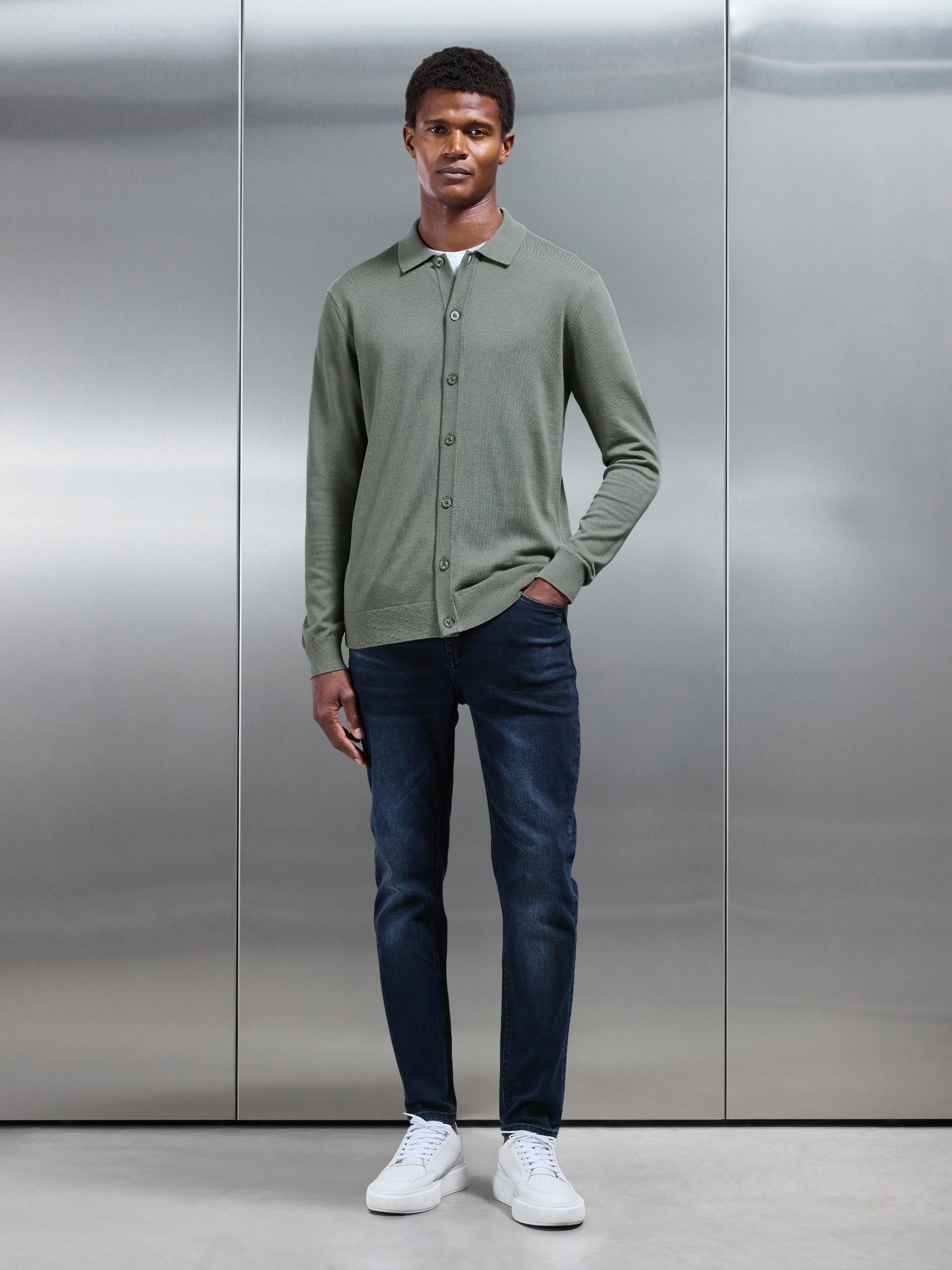 Cotton Knitted Button Through Shirt in Sage