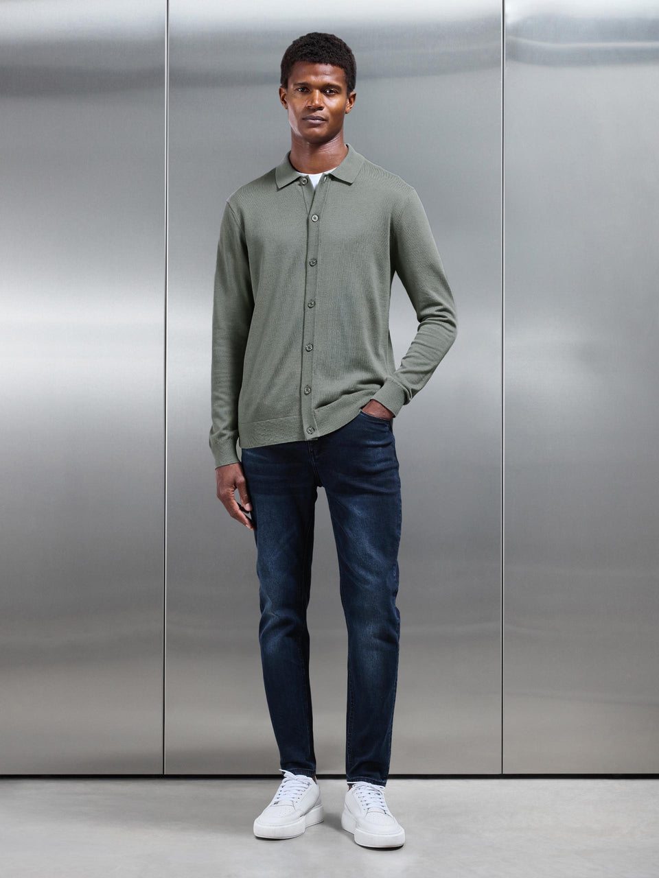 Cotton Knitted Button Through Shirt in Sage