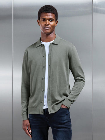 Cotton Knitted Button Through Shirt in Sage
