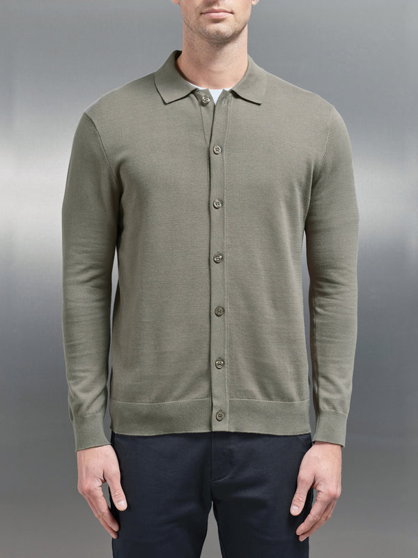 Cotton Knitted Button Through Shirt in Sage