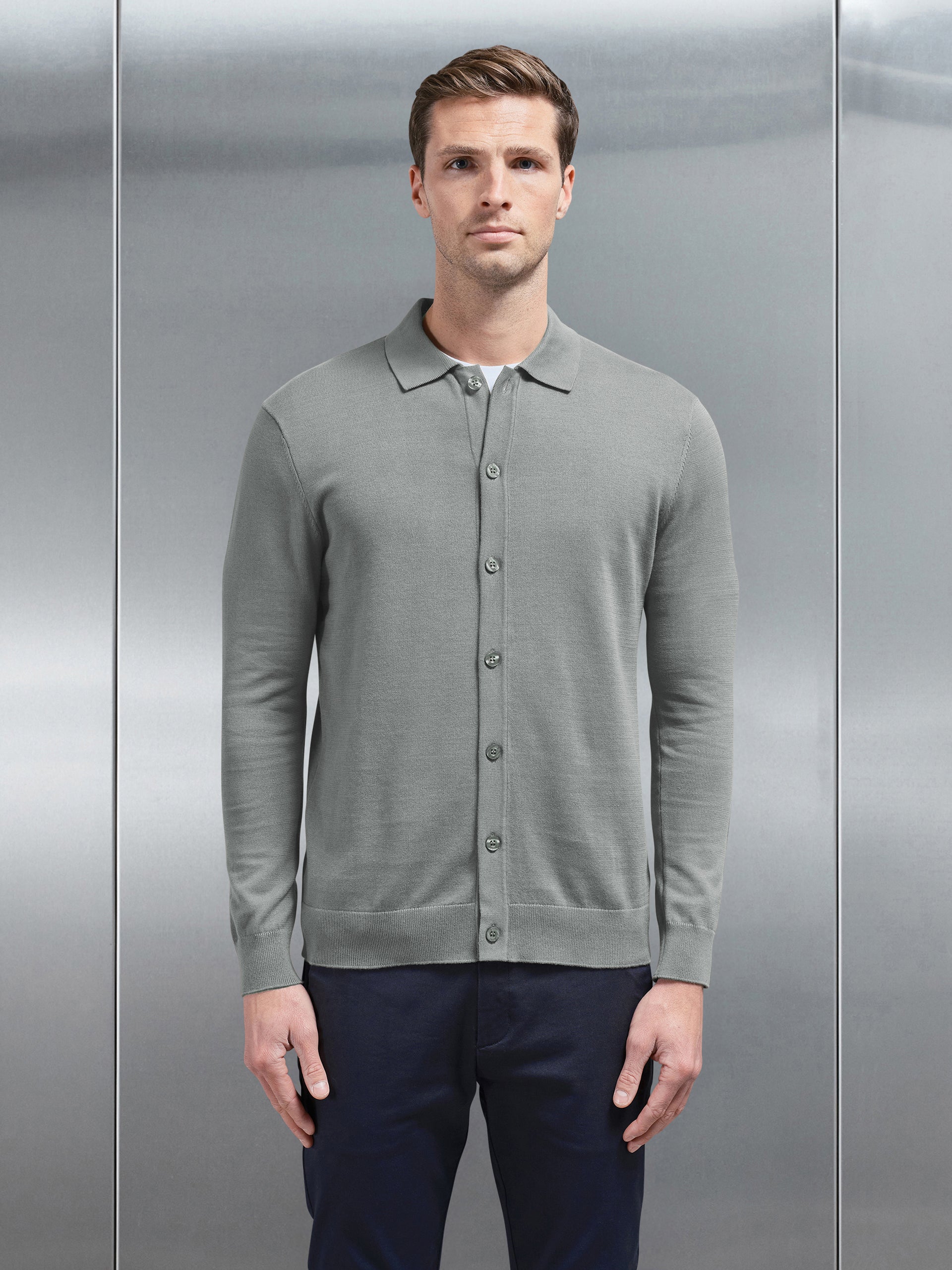 Cotton Knitted Button Through Shirt in Sage