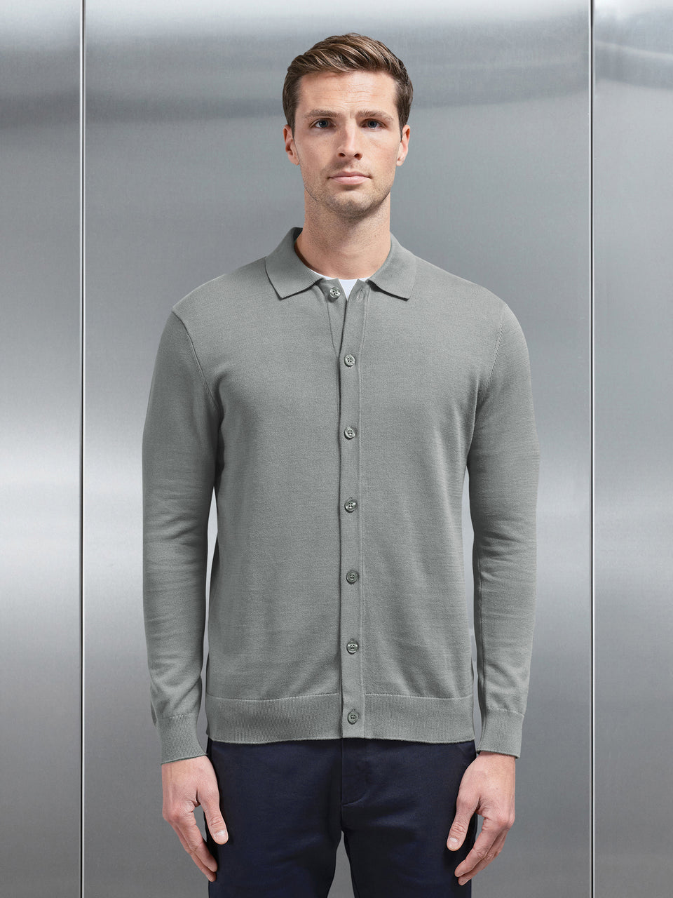 Cotton Knitted Button Through Shirt in Sage