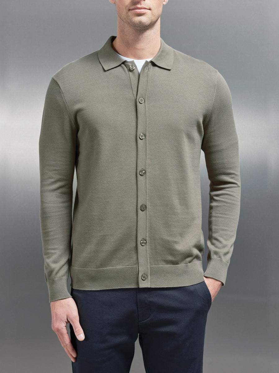 Cotton Knitted Button Through Shirt in Sage