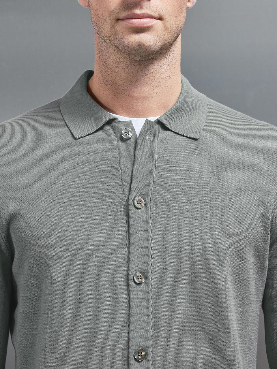 Cotton Knitted Button Through Shirt in Sage