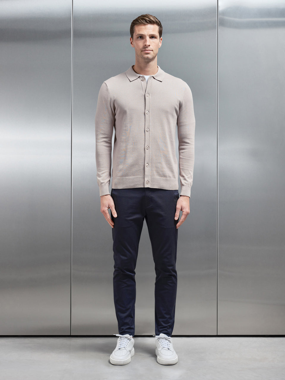 Cotton Knitted Button Through Shirt in Stone