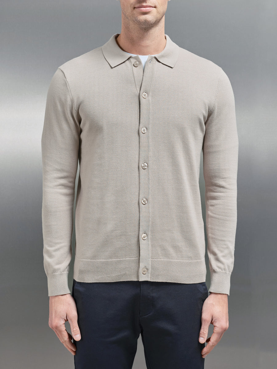 Cotton Knitted Button Through Shirt in Stone