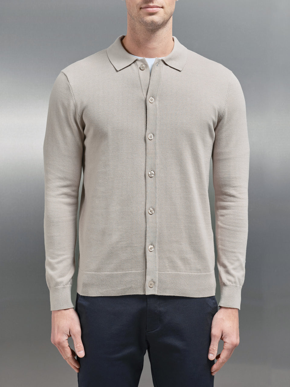 Cotton Knitted Button Through Shirt in Stone