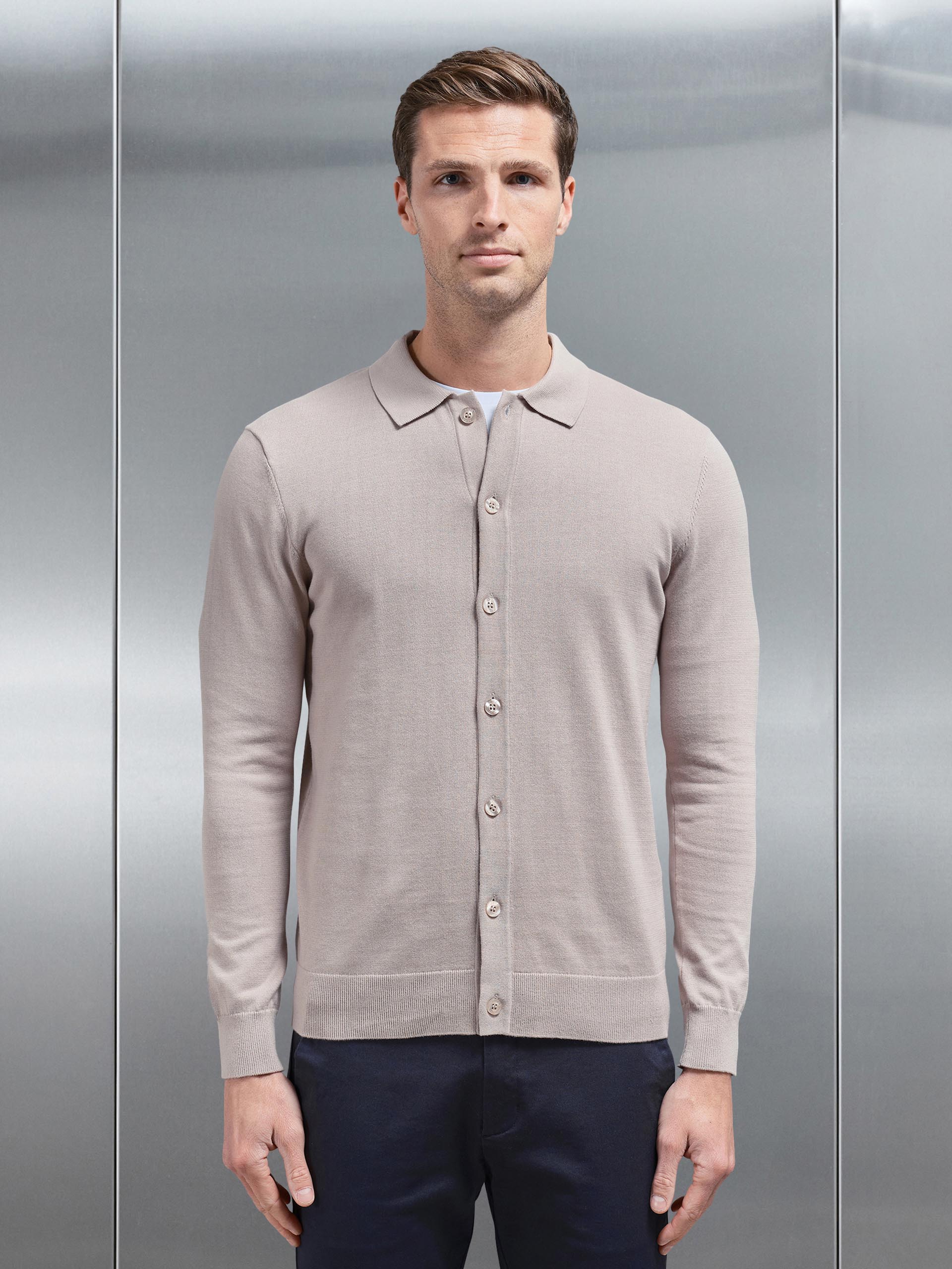 Cotton Knitted Button Through Shirt in Stone