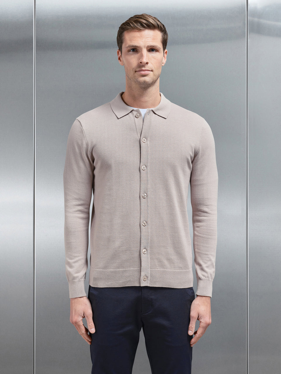 Cotton Knitted Button Through Shirt in Stone