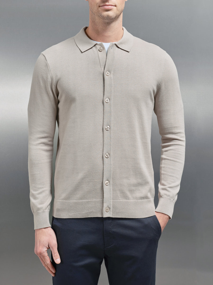 Cotton Knitted Button Through Shirt in Stone