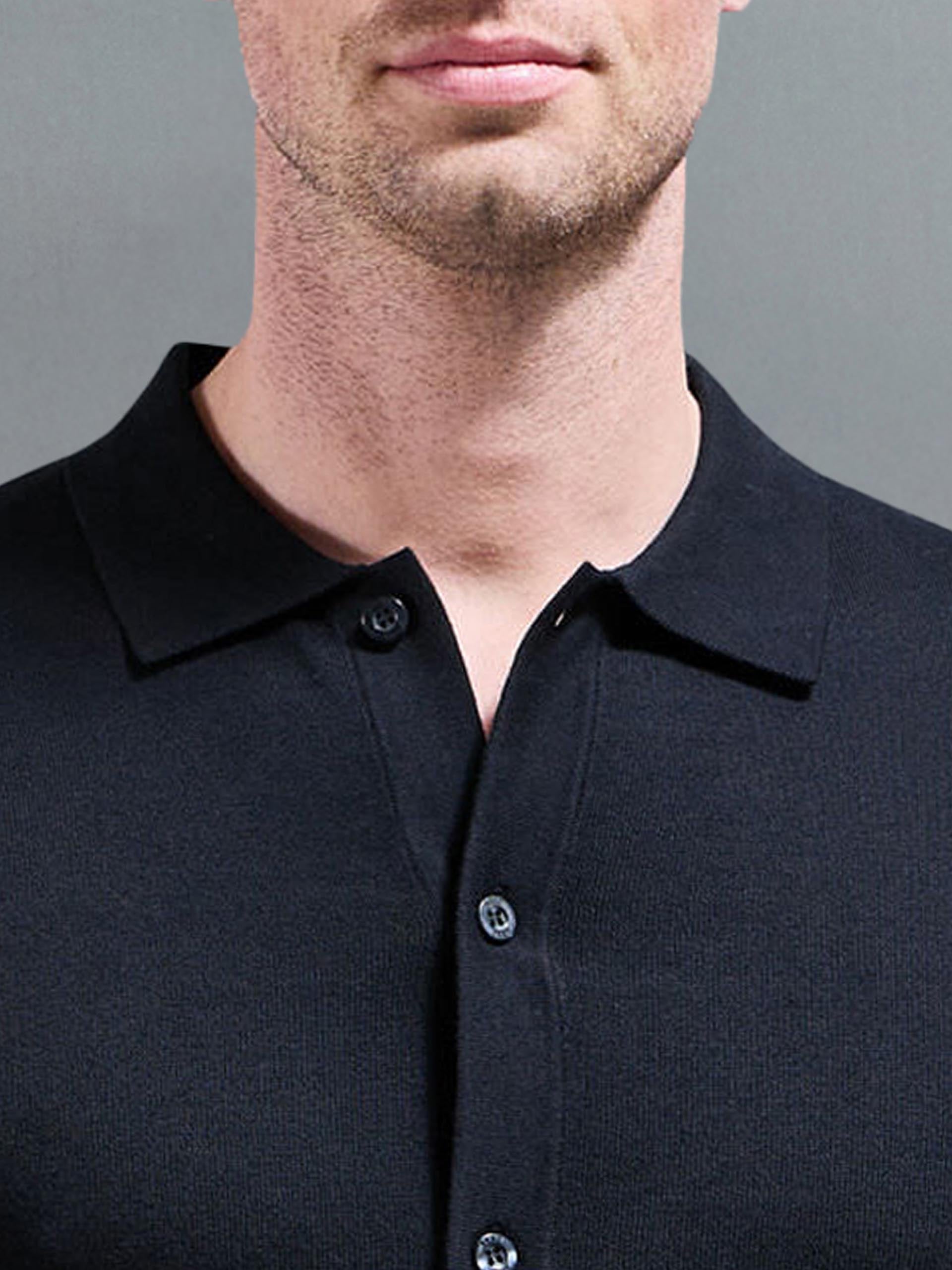 Cotton Knitted Button Through Short Sleeve Shirt in Black