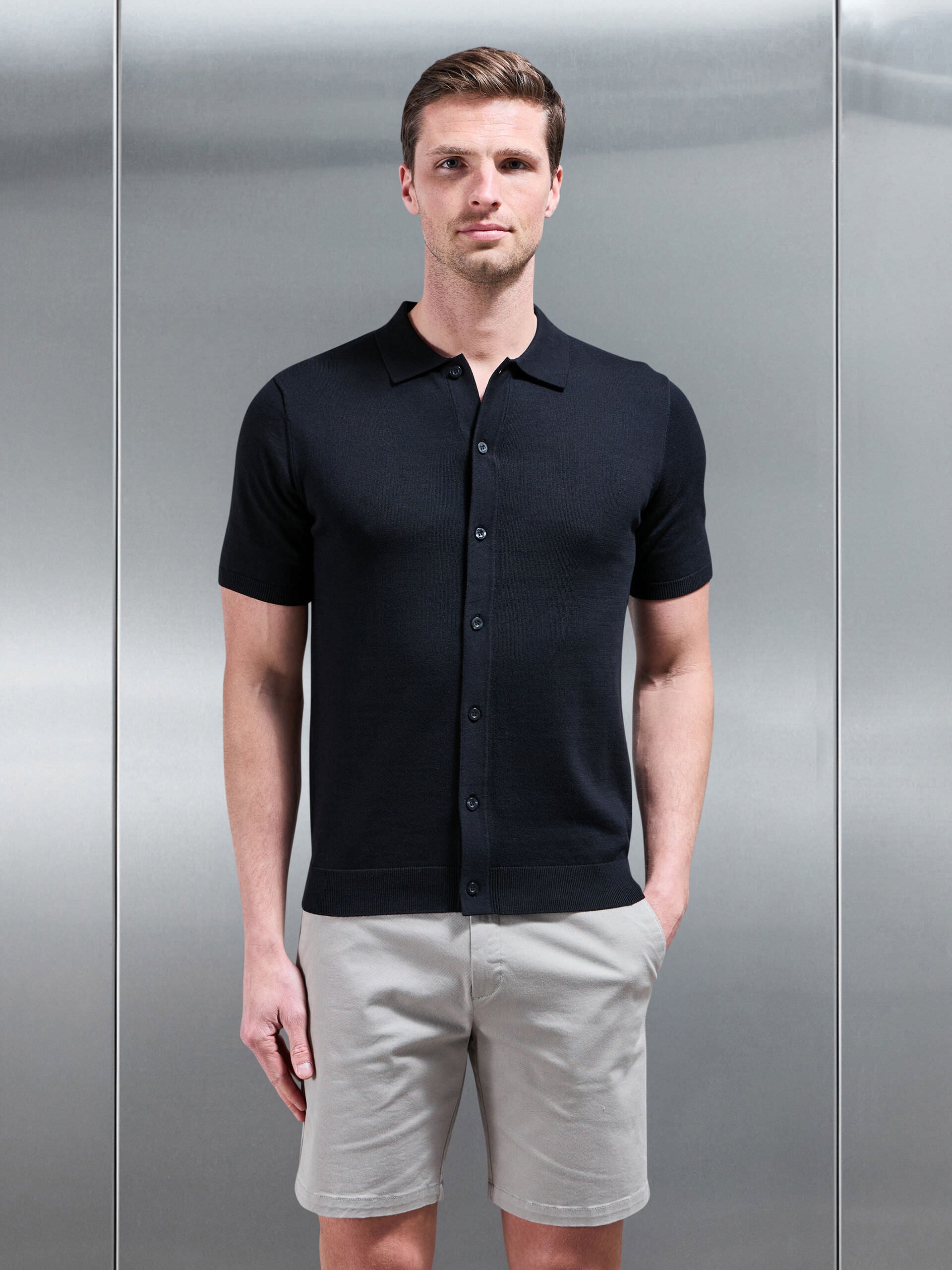 Cotton Knitted Button Through Short Sleeve Shirt in Black